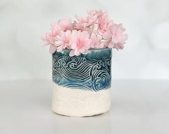 Handmade Small Blue Floral Vase, Ceramic Kitchen Decor