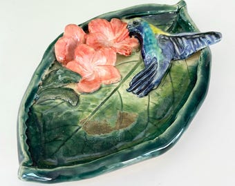 Handmade Ceramic Hummingbird Ring Dish: Stoneware Trinket Holder Hummingbird Gift