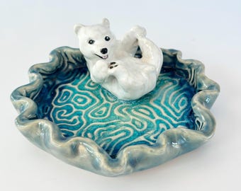 Handmade Polar Bear Ring Dish: Ceramic Polar Bear Trinket Holder
