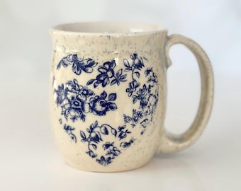 Blue Floral Pottery Mug Coffee Lover Gift Coffee Bar Station Handmade Mug Birthday Coffee Station Ceramic Mug Gift Tea Lover Heart Mug