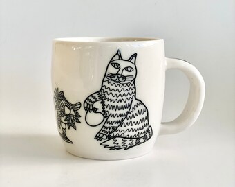 Handmade Cat Mug, Porcelain Mug, Coffee Mug, Handmade Coffee Mug, Pottery Mug, Cat Lover Gift, Cat Mug, Coffee Lover gift, Handmade Mug