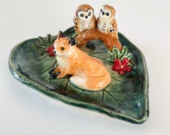 Handmade Ceramic Fox Trinket Dish:  Owl Lover Gift Woodland Decor