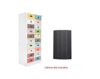 May include: A white cabinet with 18 colorful drawers. The cabinet is tall and narrow. The drawers are all different colors, including pink, blue, green, yellow, and orange. The cabinet is made of wood and has a distressed finish. The cabinet is not included in the image. The image also shows a black foam panel with holes in it. The panel is used for storing and organizing small items. Cabinet Not Included.