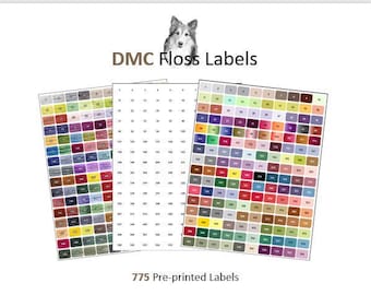Etiquetas de hilo DMC de mayor tamaño: color sólido, imagen de hilo y blanco.