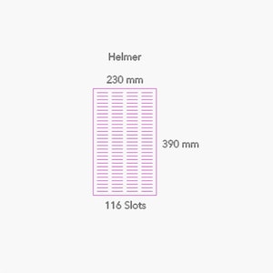 Può includere: Uno schema di un'unità di archiviazione Helmer con 116 slot, che misura 230 mm di larghezza e 390 mm di altezza.