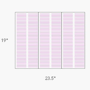 May include: A white tri-fold display board featuring a grid of thin horizontal purple lines across three panels. The display board measures 19 inches in height and 23.5 inches in width, providing a structured surface for presentation materials.