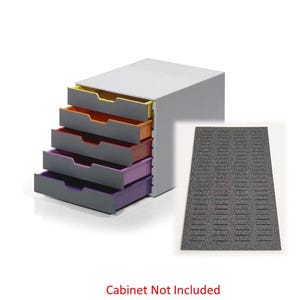 May include: A five-drawer organizer with gray drawers and colorful accents. The drawers are labeled with numbers 1 through 5. Cabinet not included.