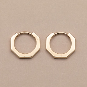 May include: A pair of gold-toned hoop earrings featuring a distinct octagonal shape. Each earring has a smooth, polished finish and a hinged closure mechanism, presenting a geometric design that maintains a consistent metallic luster throughout.