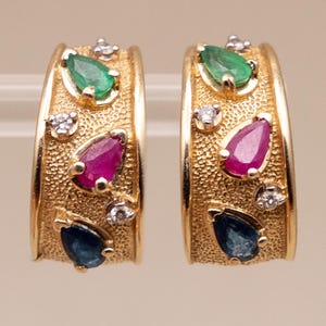 Vintage 14k Tutti Frutti Earrings with Emeralds, Rubies, Sapphires & Diamonds!
