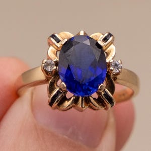 Stunning Vintage 14k Gold, Sapphire & Onyx Ring | 2 Carat Sapphire | Onyx with Spinel Accents  | Stamped 14k DS | c. 1980s