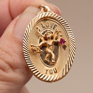 Beautiful Vintage 14k Gold Cupid Charm | Engine Turned Disc | I Love You Pendant | Oval Midcentury Charm Ruby Accent | Real Solid Gold 1960s