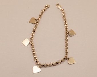 Beautiful Vintage 14k Gold Charm Bracelet | Rolo Link with Heart Dangles | 4.1mm Rolo Chain | 8.5 Inches & Re-Sizeable | Real Solid 14k Gold