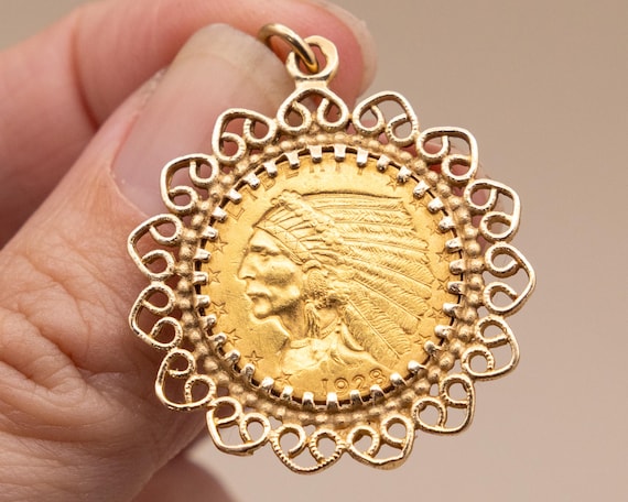 Antique .900 Gold Indian Head Coin Pendant in 14k Bezel | 1922 US Gold Coin in Ornate MCM 14k Frame | 31.3mm Tall | Solid 21k Gold Coin