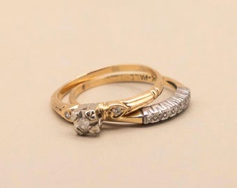 Vintage 14k Gold 1940's Wedding Set | Natural Diamond Bridal Set | Size 8 and Sizeable | Real Antique Solid Gold Ring Pair
