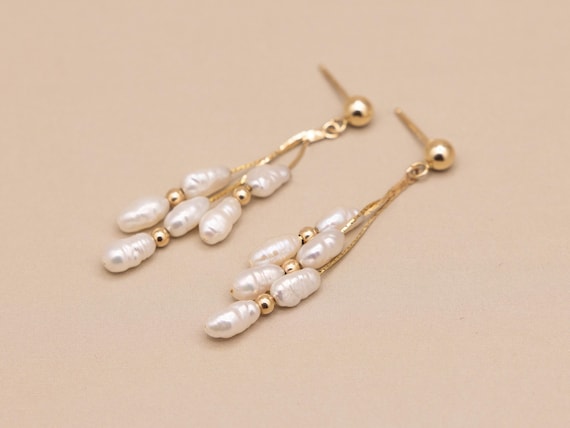 14k Solid Gold Tassel Drop Dangle Stud Post Weddi… - image 2