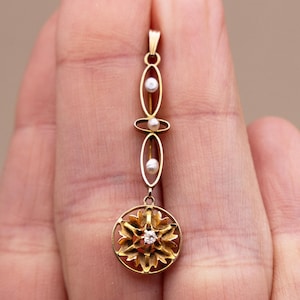 Antique 10k Art Nouveau Starburse Lavalier w/ Diamond & Seed Pearls | Circa 1890-1910