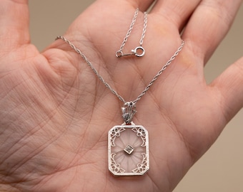 Vintage Art Deco 14k White Gold Camphor Glass Necklace | 18 Inches Long | Diamond Accent | Antique 1930s | Real Gold & Diamond