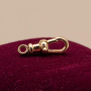 May include: A gold-toned metal lobster claw clasp featuring a smooth, polished finish. The jewelry component includes a small circular loop at one end and a spring-loaded mechanism that opens to allow for the attachment of chains or other jewelry items.