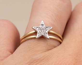 Celestial Vintage 14k Gold Star Ring | Natural Diamonds | Split Shank | 9mm Star | Size 5.75 | In-House Sizing