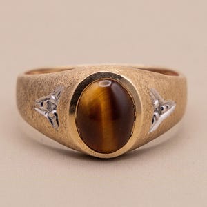 Vintage 14k Solid Gold, Tigers Eye & Diamond Unisex Ring | Size 7.75 | Bezel Set Cabochon
