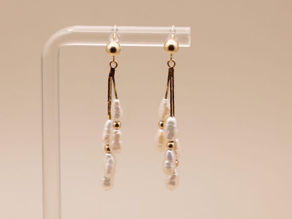 14k Solid Gold Tassel Drop Dangle Stud Post Weddi… - image 3