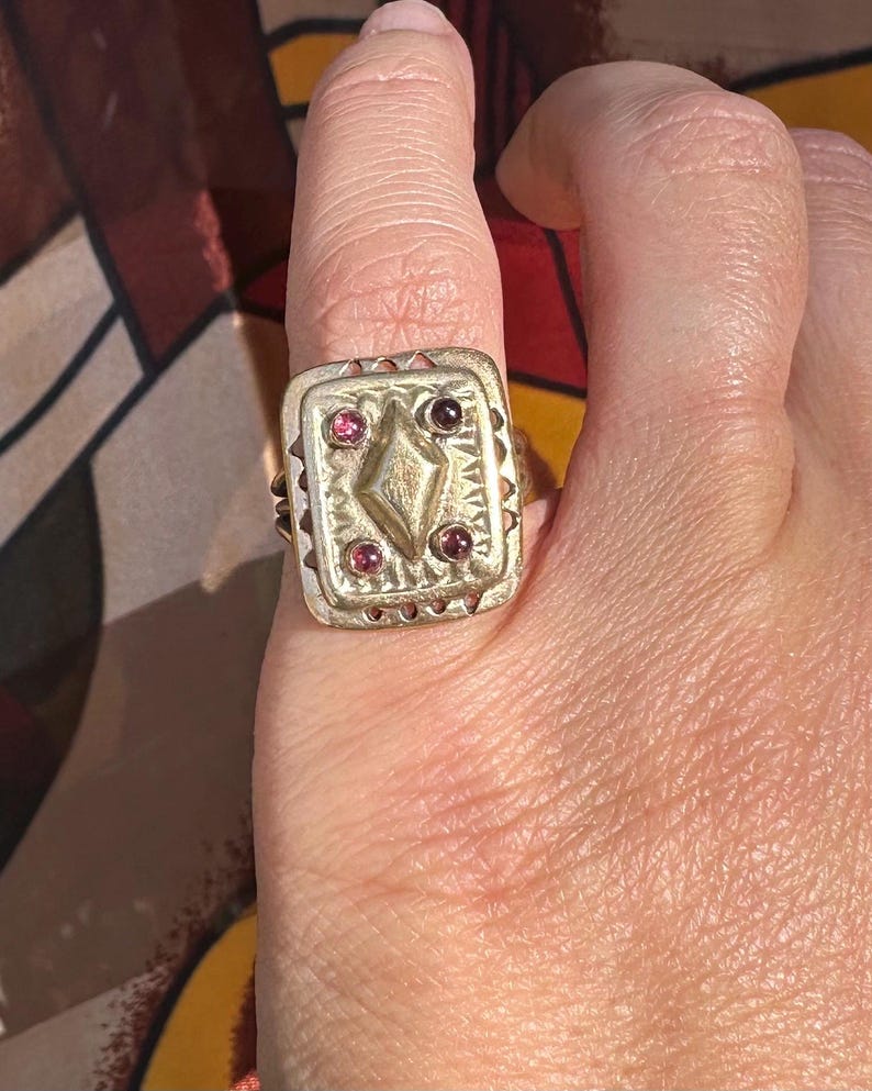 Vintage British 9k Gold Diamond Playing Card Ring | Rhodolite Garnet Cabochons | 1985 London Hallmark | Size 4 | January Birthstone Jewelry image 8