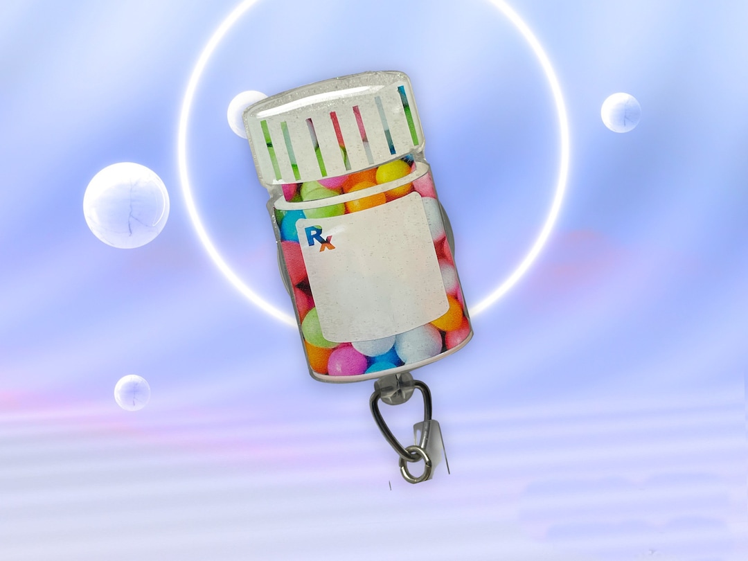 Pill Bottle Badge Reel, Cute Badge Reel, Glitter Badge Reel, Permanent