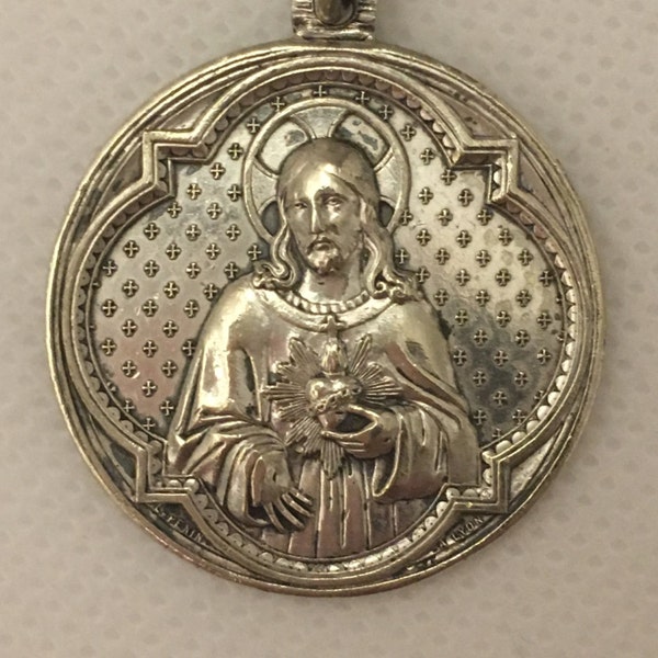 Sacred Heart Of Jesus and Saint Marguerite Marie Alacoque French Silver Plated Hallmarked Vintage Religious Medal Signed PENIN Lyon