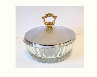 Vintage Vanity Trinket Dish | Vintage Candy Dish | Aluminum and Glass Container | Vintage Glass | Candy Bowl with Lid | Jewelry Dish w/lid