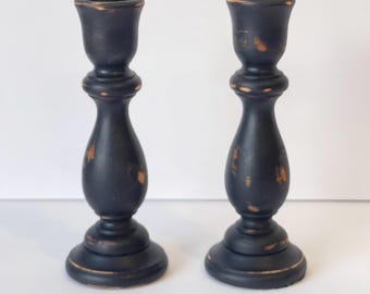 Vintage Wooden Candlesticks | Set of Two | Deep Black & Distressed |  Farmhouse Style | Cottage Style | Antique English | Primitive Style 7”