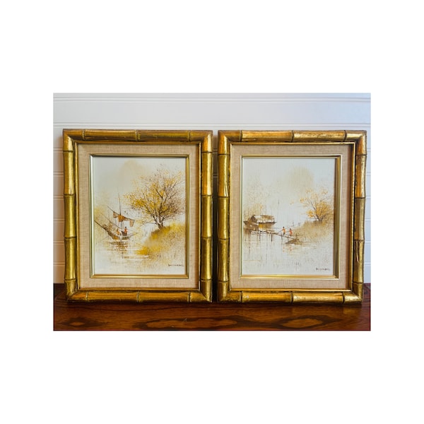 Vintage Signed Oil Painting by David Kwok | Original Painting | Board Fishing Water Tree | Gold Framed | KWOK | Set of Two Paintings | Oil