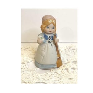 Vintage 1978 Jasco Merri Bells Porcelain Girl Bell | Bisque Figurine Holding Broom | Collectible Bell Figurine | Japan Made |  Woman Bell