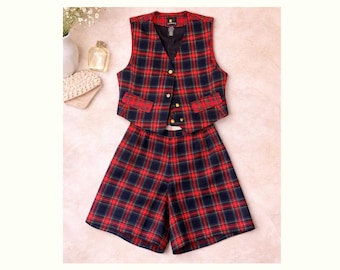 Vintage 1980s LizSport Plaid Vest & Shorts Set | Wool Blend Two Piece Outfit | Womens Size 2 | Preppy Fall Vintage Fashion | Tartan Plaid