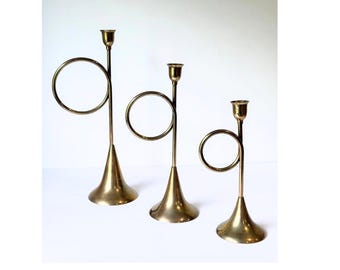 Vintage Solid Brass French Horn Candle Holders | Set of Three | Brass Taper Candle Sticks | Hollywood Regency Music Lover Decor | Eclectic