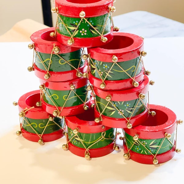 Christmas Drum Napkin Rings | Wooden Napkin Rings | Set of 8 Vintage Christmas