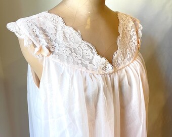 Vintage Vanity Fair Nightgown Soft Pink Lace Trim | Sheer Nylon Slip Dress | Romantic Lingerie | Medium | Feminine Cottagecore Sleepwear