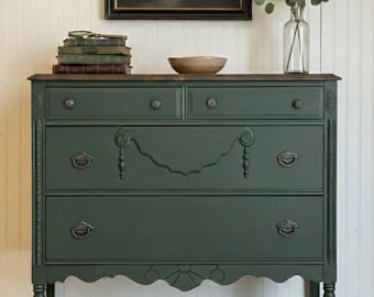 Sold | DO NOT BUY!! Hepplewhite-Style Dresser | 4-Drawer Vintage Chest | Deep Moody Green Painted Furniture | Original Hardware & Casters