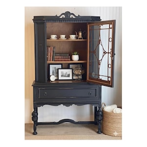 Sold | DO NOT BUY!! |  Hand Painted Vintage Jacobean Style China Cabinet | Black Hutch & Curio Cabinet | Moody Dark Academia Display