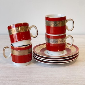 MCM Kun Lun Cups and Saucers Set | Gold Red Striped Espresso Tea Set | Gold Trim | Mid Century Modern 4 Cup & Saucer Set | Made In Japan