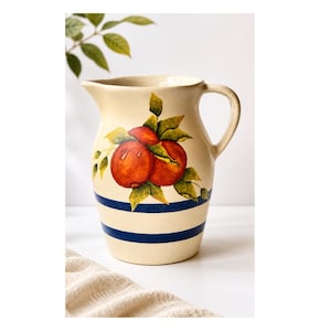 Vintage Robinson Ransbottom Pottery Pitcher | Blue Striped Stoneware | Roseville Ohio RRP Co | Farmhouse Crock Pitcher | Rustic Kitchen Deco