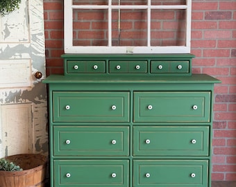 Vintage Green Solid Pine Dresser | Refinished Farmhouse Chest of Drawers | White Milk Glass Knobs | Cottagecore Storage | Rustic Furniture