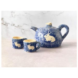 Vintage Mini Blue Spongeware Pottery Tea Set | Rabbit Motif Teapot with Two Cups | Folk Art Cottagecore Decor | Whimsical Handmade Style
