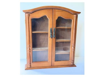 Vintage Rustic Victorian Cherry Wall Curio Cabinet with Glass Door | 15” Hanging Display Shelf | Country Cottage Wall Storage | Farmhouse