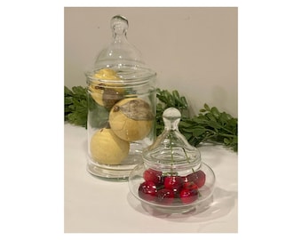 Set of Two Vintage Apothecary Jar | Vintage Jar | Glass Apothecary | Vintage Glass | Antique Glass | Candy Jar | Clear Glass Jar Set | Lids