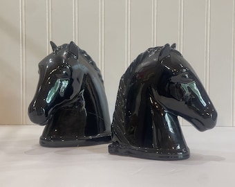 Horse Head Bookend Set| Solid Black Gloss Vintage Abingdon USA Pottery 441 MCM | Black Horse Set | Heavy| Stallion Set | Bookshelf Decor