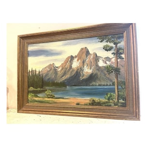 Vintage Oil Painting | Framed Mountain Nature Landscape Art | Signed Original Artwork | Large 28&quot; x 20&quot; Wall Decor | Original Oil Painting