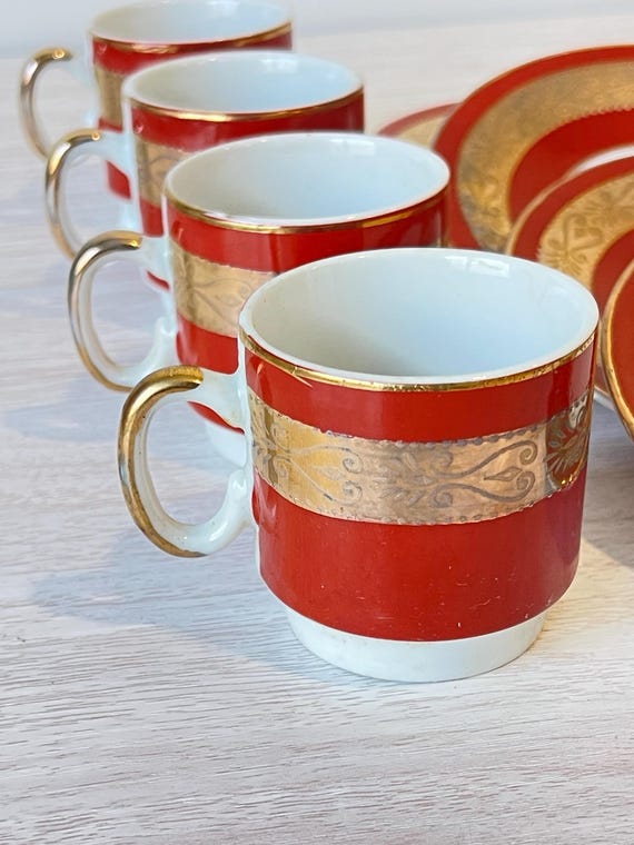 MCM Kun Lun Cups and Saucers Set | Gold Red Striped Espresso Tea