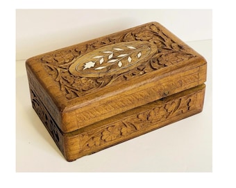 Vintage Teakwood Jewelry Box | Hand Carved Ornate Trinket Box with Floral Design | Wooden Keepsake Box | Boho Vanity Decor | Gift for Her