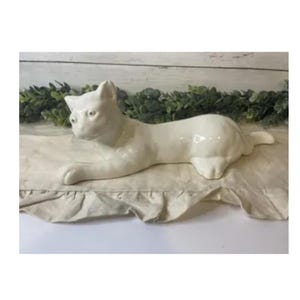 Vintage Large White Ceramic Cat Figurine | Laying Down Cat Statue | Mid Century Home Decor | Feline Collectible | Shelf or Mantel Decor