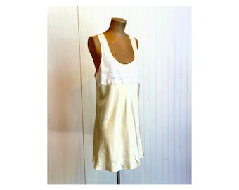 Vintage Butter Yellow Nightgown | Lace Trim Slip Dress | Swiss Dot Nylon Chemise | Cottagecore Lingerie | Romantic Sleepwear | Size Large